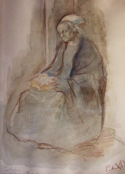 Old Breton woman praying in Perros Hamon Chapel