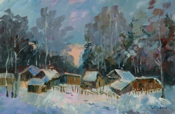 L'aube en hiver sur un village aux environs de Moscou